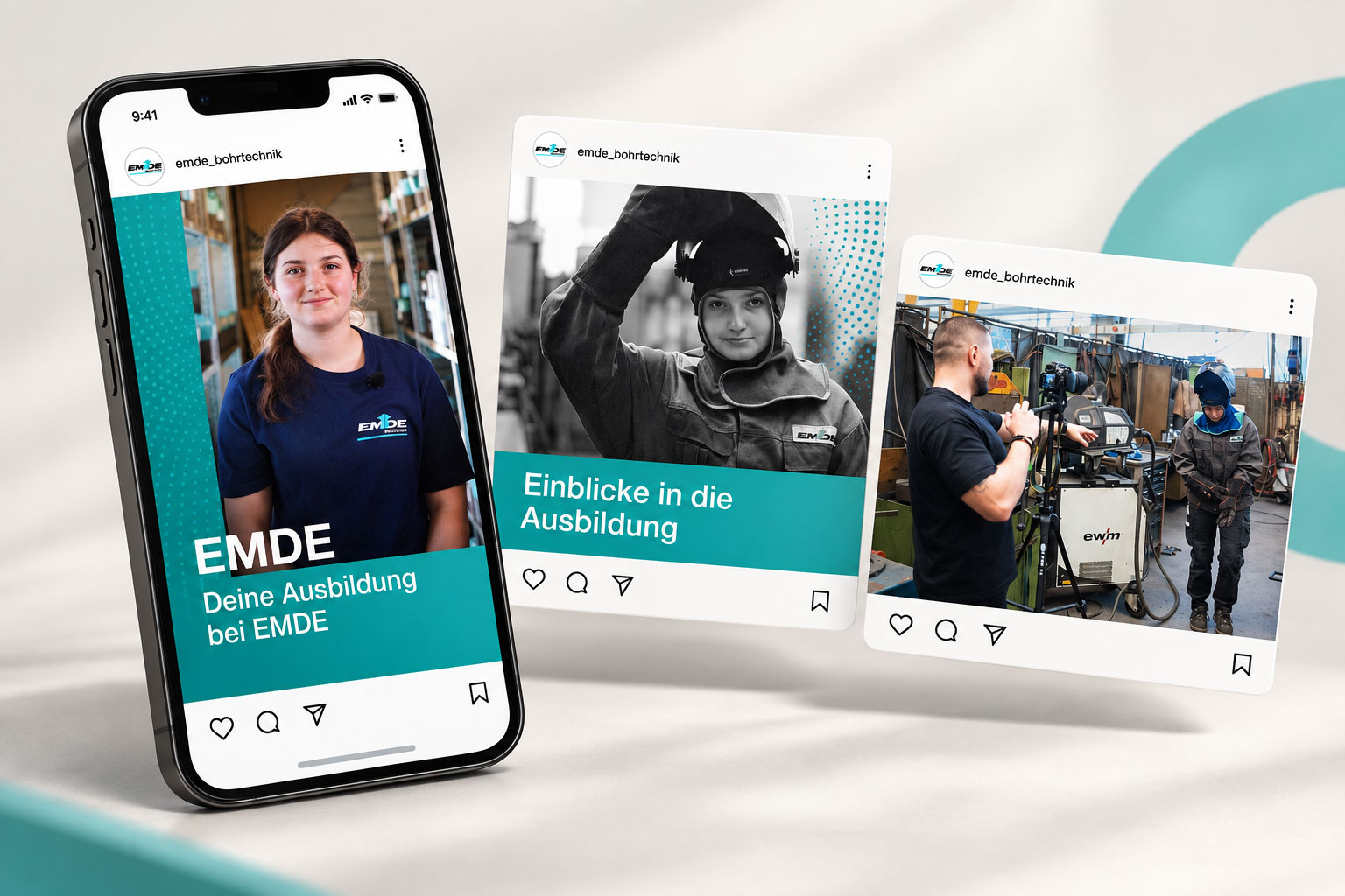 Social-Media-Mockup für EMDE mit Azubi-Porträt und Einblicken in die Ausbildung