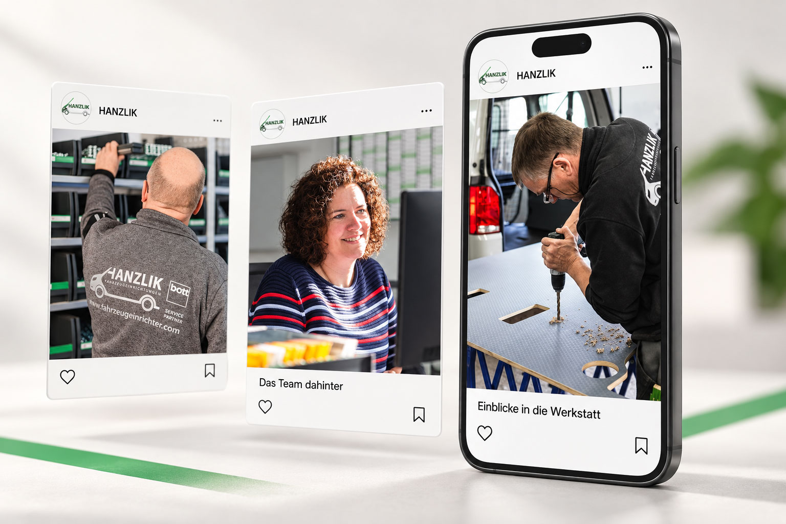 Social-Media-Mockup für Hanzlik mit Einblicken in die Werkstatt und das Team
